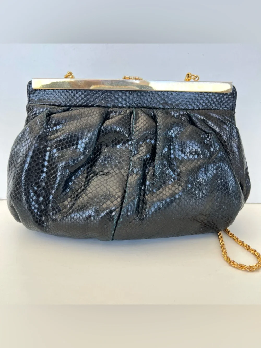 CAROL FIORI Italy Vintage Black Snake Leather Rhinestone Cocktail Evening Purse